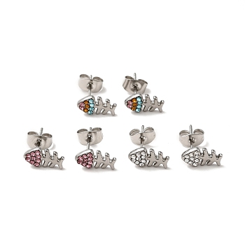 Rhinestone Fishbone Stud Earrings with 316 Surgical Stainless Steel Pins, Stainless Steel Color Plated 304 Stainless Steel Jewelry for Women, Mixed Color, 10.5x6mm, Pin: 0.7mm