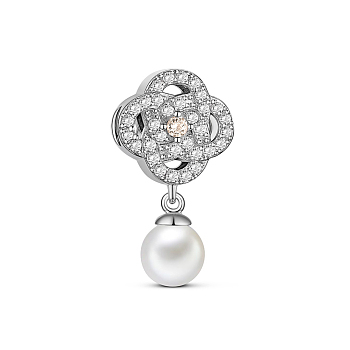 TINYSAND Rhodium Plated 925 Sterling Silver Charm Flower with Acrylic Pearl & Cubic Zirconia Pendant, Platinum, Clear, 25x13.61x9.31mm, Hole: 4.37mm