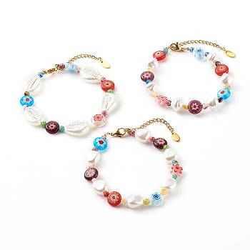 Beaded Bracelets Sets, with Plastic Imitation Pearl Beads and Millefiori Glass Beads, Shell/Nuggets/Teardrop, Golden, Colorful, 7-1/2 inch(19.2cm), 7-1/2 inch(19cm), 7-5/8 inch(19.5cm), 3pcs/set