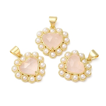 Natural Rose Quartz Pendants, Faceted Heart Charms, with Ion Plating(IP) Brass Findings and Plastic Beads, Real 14K Gold Plated, 18~18.5x17.5~18x5.5~6.8mm, Hole: 4.5x3.5mm