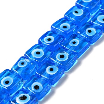 Handmade Evil Eye Lampwork Beads Strands, Square, Dodger Blue, 10~11x10~11x4~5.5mm, Hole: 1.6mm, about 40pcs/strand, 16.02 inch(40.7cm)