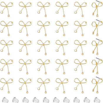 30Pcs Iron Stud Earring Findings, with Horizontal Loops and Steel Pin, Bowknot, with 50Pcs Plastic Ear Nuts, Light Gold, 18~19x18mm, Hole: 1.5mm, Pin: 0.7mm