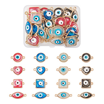 32Pcs 16 Styles Evil Eye Zinc Alloy Epoxy Resin Connector Charms, Light Gold, Heart & Horse Eye & Square & Flat Round, Mixed Shapes, Mixed Color, 11~14.5x20~25x2.5~3mm, Hole: 1.5~1.6mm, 2pcs/style