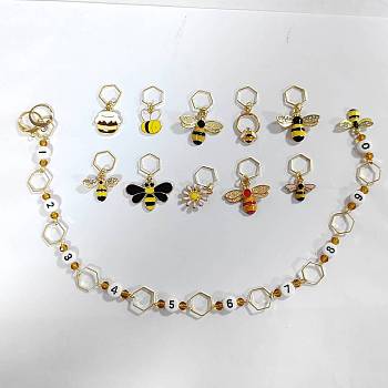 Alloy Enamel Bees Pendant Knitting Row Counter Chain with Hexagon Ring, Acrylic Number Bead Knitting Row Counter Chains, with Pendant Decoration, Golden, Counter Chain: 30.2cm, 1pc, Pendant Decoration: 2.7~3cm, 10pcs/set, 1 set