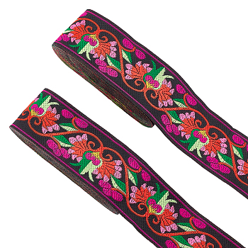 Ethnic Style Polyester Ribbons, Jacquard Ribbon, Flower Pattern, Black, 2 inch(50mm), about 7.66 Yards(7m)/pc