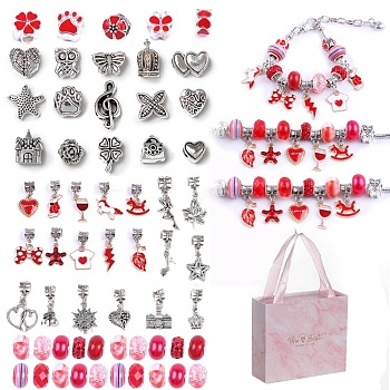 DIY Alloy European Bracelets Making Kits, including Alloy and Resin European Beads, Alloy Enamel Dangle European Charms, Paper Box, Red