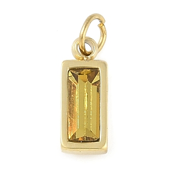 Glass Pendants, with Ion Plating(IP) 304 Stainless Steel Findings, Manual Polishing, with Jump Ring, Rectangle Charms, Real 18K Gold Plated, Goldenrod, 11x4x3.5mm, Hole: 2.5mm