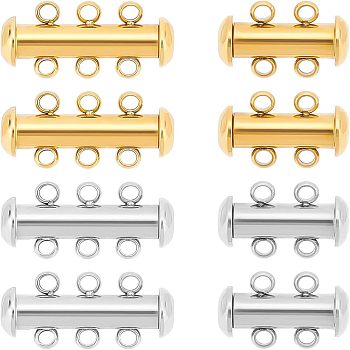 8 Sets 4 Styles 304 Stainless Steel Slide Lock Clasps, Peyote Clasps, 2 Strands, 4 Holes, aand 3 Strands, 6 Holes, Tube, Golden & Stainless Steel Color, 15~20x10x6.5mm, Hole: 1.6mm