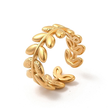Vacuum Plating 304 Stainless Steel Leafy Branch Open Cuff Ring for Women, Golden, US Size 7 1/4(17.5mm)