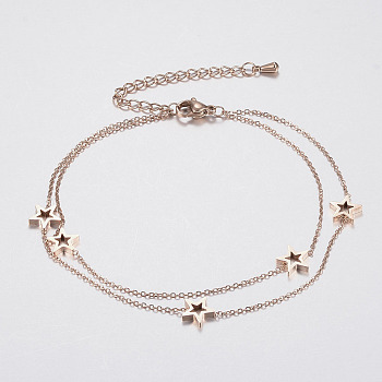 304 Stainless Steel Multi-Strand Anklets, with Lobster Claw Clasps, Star, Rose Gold, 8-5/8 inch(220mm)