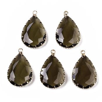 Glass Pendants, with Golden Tone Brass Findings, Faceted, teardrop, Dark Goldenrod, 30x18.5x7.5mm, Hole: 2mm