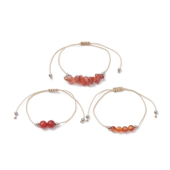 3Pcs 3 Style Natural Red Agate Braided Bead Bracelets Set, Nylon Thread Adjustable Bracelets for Women, Inner Diameter: 3-3/8 inch(8.5cm), 1Pc/style