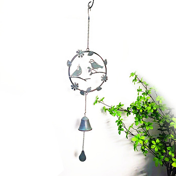 Birds with Flower Iron Hanging Wind Chime Decor, for Home Hanging Ornaments, Light Steel Blue, 750mm