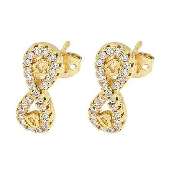 Brass Micro Pave Cubic Zirconia Ear Studs, Infinity, Real 18K Gold Plated, 5.5x14.5mm
