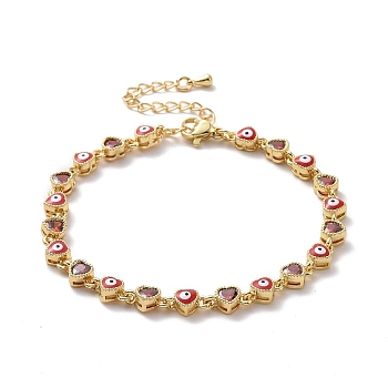 Enamel Evil Eye & Cubic Zirconia Heart Link Chain Bracelet, Golden Brass Jewelry for Women, FireBrick, 7-1/8 inch(18.2cm)