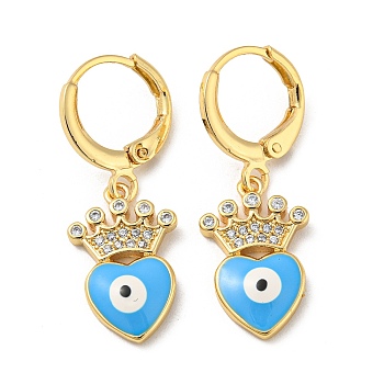 Real 18K Gold Plated Brass Dangle Leverback Earrings, with Enamel and Cubic Zirconia, Heart with Evil Eye, Deep Sky Blue, 30x11mm