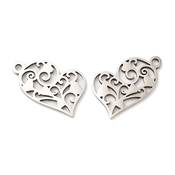 316L Surgical Stainless Steel Pendants, Laser Cut, Heart Charms, Stainless Steel Color, 17x10x1mm, Hole: 1.4mm