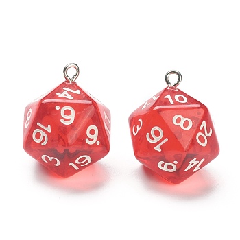 Transparent Acrylic Pendants, with Platinum Plated Iron Findings, Dice, Red, 27.5x20x20mm, Hole: 2mm