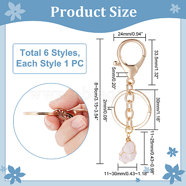 6Pcs 6 Styles Nuggets Natural Gemstone Wire Wrapped Keychain Key Ring(KEYC-NB0001-50)-2