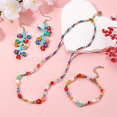 Natural Pearl & Glass Seed Beaded Necklace & Bracelet & Dangle Earrings(SJEW-SW00008)-2