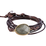 Natural Labradorite Bead Link Bracelets, with Waxed Cord & Alloy Clasps, Coconut Brown, 36.81 inch(93.5cm)(BJEW-WH20031-007A)
