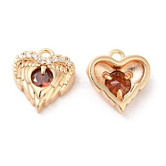 Brass & Glass & Cubic Zirconia Charms, Heart Wing Charm, Real 18K Gold Plated, Orange Red, 11x10.5x4mm, Hole: 1.2mm(KK-G468-54G-02)