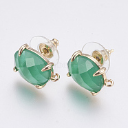 Faceted Glass Stud Earring Findings, with Loop, Light Gold Plated Brass Findings, Oval, Medium Sea Green, 14x10x5mm, Hole: 1mm, Pin: 0.8mm(GLAA-F084-A01)