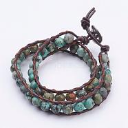 Two Loops Natural African Turquoise(Jasper) Wrap Bracelets, with Cowhide Leather Cord and 304 Stainless Steel Sewing Buttons, with Burlap Paking Pouches Drawstring Bags, 14.6 inch(370mm)(BJEW-JB03285-02)