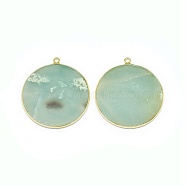Natural Flower Amazonite Pendants, with Brass Findings, Flat Round, Golden, 32~34x28.5~31x2mm, Hole: 1.6mm(G-E526-10C)