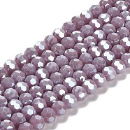 Electroplate Opaque Glass Beads Strands, Faceted(32 Facets), Pearl Luster Plated, Round, Old Rose, 6mm, Hole: 1mm, about 98~100pcs/strand, 20.39~20.59 inch(51.8~52.3cm)(EGLA-A035-P6mm-A11)