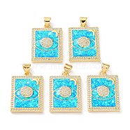 Rack Plating Brass Micro Pave Cubic Zirconia Eye Pendants, Synthetic Opal Rectangle Charms with Snap on Bail, Cadmium Free & Lead Free, Long-Lasting Plated, Real 18K Gold Plated, Cyan, 23.5x17x3mm, Hole: 5x3.2mm(KK-C041-19G)