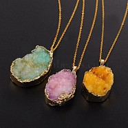 Vogue Design Brass Natural Druzy Agate Pendant Necklaces, with Brass Chains and Spring Ring Clasps, Mixed Color, 18 inch(NJEW-JN01138)