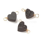 Natural Druzy Agate Connector Charms, with Golden Tone Copper Wire, Dyed, Heart, Black, 18~20x9~10x4~5mm, Hole: 3mm(PALLOY-JF01363-03)