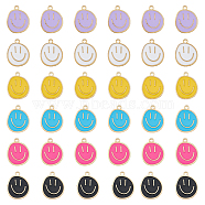 60Pcs 6 Colors Alloy Enamel Pendants, Golden, Flat Round with Smiling Face Charm, Mixed Color, 24.5x20x1.5mm, Hole: 2mm, 10pcs/color(ENAM-FH0001-71)