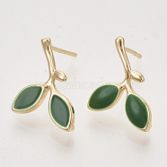 Brass Enamel Stud Earring Findings, with Loop, Branch and Leaves, Nickel Free, Real 18K Gold Plated, 17.5x11.5mm, Hole: 0.9mm, Pin: 0.8mm(KK-T050-63G-NF)