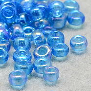 8/0 Grade A Round Glass Seed Beads, Transparent Colours Rainbow, Sky Blue, 8/0, 3x2mm, Hole: 1mm, about 10000pcs/bag(SEED-Q010-3mm-F545)