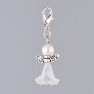 Acrylic Pendants, with Dyed Glass Pearl Beads, Zinc Alloy Lobster Claw Clasps and Alloy Beads, Angel, White, 40mm(HJEW-JM00382-01)