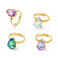 Glass Rhinestone Adjustable Rings, Brass Jewelry for Women, Teardrop, Mixed Color, US Size 7 3/4(17.9mm)(RJEW-JR00558)