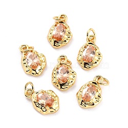 Brass Micro Pave Cubic Zirconia Pendant, Long-Lasting Plated,  Real 18K Gold Plated, Oval, Light Salmon, 12x8x3mm, Hole: 2.6mm(ZIRC-P089-19G-A)