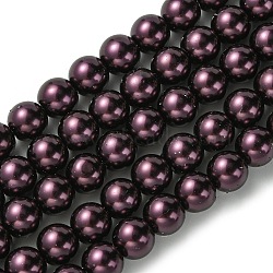 Eco-Friendly Grade A Glass Pearl Beads, Pearlized, Round, Purple, 8mm, Hole: 1.2~1.5mm, about 52pcs/Strand, 16''(40.64cm)(HY-J002-8mm-HX042)