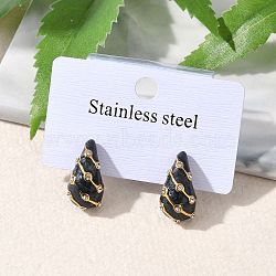 304 Stainless Steel Enamel Stud Earrings, with Rhinestone, Teardrop, Golden, Black, 18.5x9.5mm(EJEW-F353-03G-01)