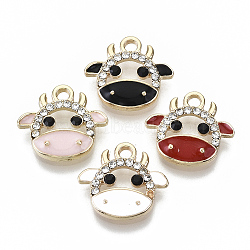 Eco-Friendly Zinc Alloy Charms, with Enamel and Crystal Rhinestone, Cadmium Free & Nickel Free & Lead Free, Cow, Light Gold, Mixed Color, 14x15x3mm, Hole: 1.8mm(X-FIND-N048-039-NR)