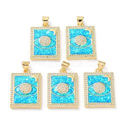 Rack Plating Brass Micro Pave Cubic Zirconia Eye Pendants, Synthetic Opal Rectangle Charms with Snap on Bail, Cadmium Free & Lead Free, Long-Lasting Plated, Real 18K Gold Plated, Cyan, 23.5x17x3mm, Hole: 5x3.2mm(KK-C041-19G)