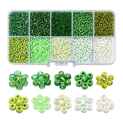 8500Pcs 10 Style Glass Seed Beads, Round, 12/0, Green, 1.5~2.5mm, Hole: 0.5~1mm, 13g, 850pcs/style, 8500pcs/box(SEED-YW0001-80C)