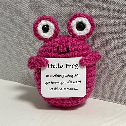 Cute Funny Positive Frog Doll, Wool Knitting Doll with Positive Card, for Home Office Desk Decoration Gift, Camellia, 50x60x80mm(PW-WG68207-02)