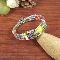 Synthetic Random Color Turquoise Beaded Bangles for Women, with Alloy Feather Charm, Antique Silver, Colorful, 5/8 inch(1.7cm), Inner Diameter: 2-3/8 inch(6cm)(WG1DBAC-04)