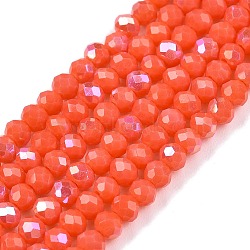 Electroplate Opaque Solid Color Glass Beads Strands, Half Rainbow Plated, Faceted, Rondelle, Tomato, 2.9~3.3x2mm, Hole: 0.8mm, about 148~150pcs/strand, 39.5~40cm(EGLA-A044-P2mm-L21)