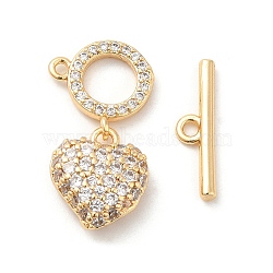 Brass Micro Pave Clear Cubic Zirconia Toggle Clasps, Heart, Real 18K Gold Plated, Heart: 12x10x4.5mm, Hole: 1mm, T-bar: 4x15.5x2mm, Hole: 1mm(KK-F860-59G)