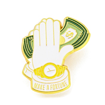 Hands Holding Dollar Enamel Pins, Golden Alloy Badge for Backpack Clothes, Yellow, 30x25.5x1mm