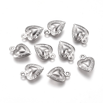 304 Stainless Steel Charms, Heart, Stainless Steel Color, 12x9x3mm, Hole: 1mm